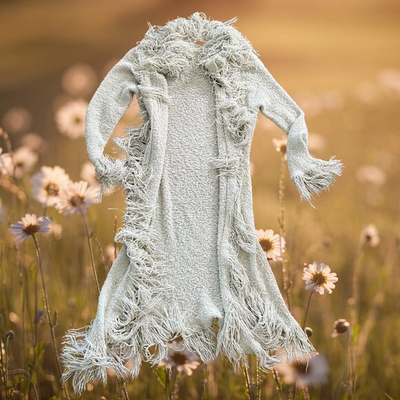 Queen Of Hearts Clothing Sweaters - Collectible Queen of Hearts Fringed Knitted Duster Sweater/Long Cardigan - Ivory